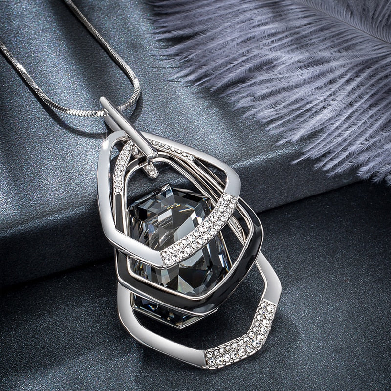 Silver Color Hollow Geometric Big Crystal long Pendant Necklace