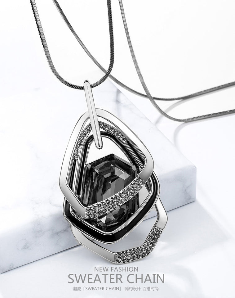 Silver Color Hollow Geometric Big Crystal long Pendant Necklace