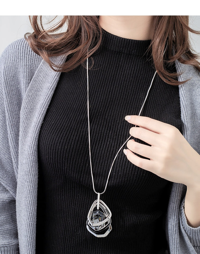 Silver Color Hollow Geometric Big Crystal long Pendant Necklace