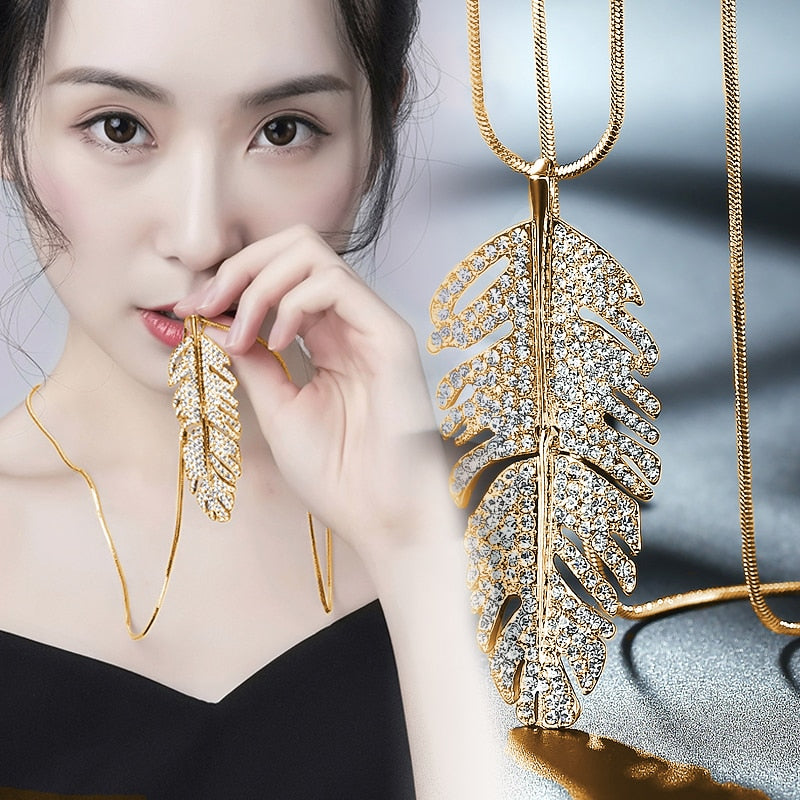 Silver Color Hollow Geometric Big Crystal long Pendant Necklace