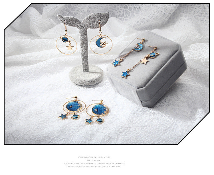 Blue Pink Star Moon Stud Earrings