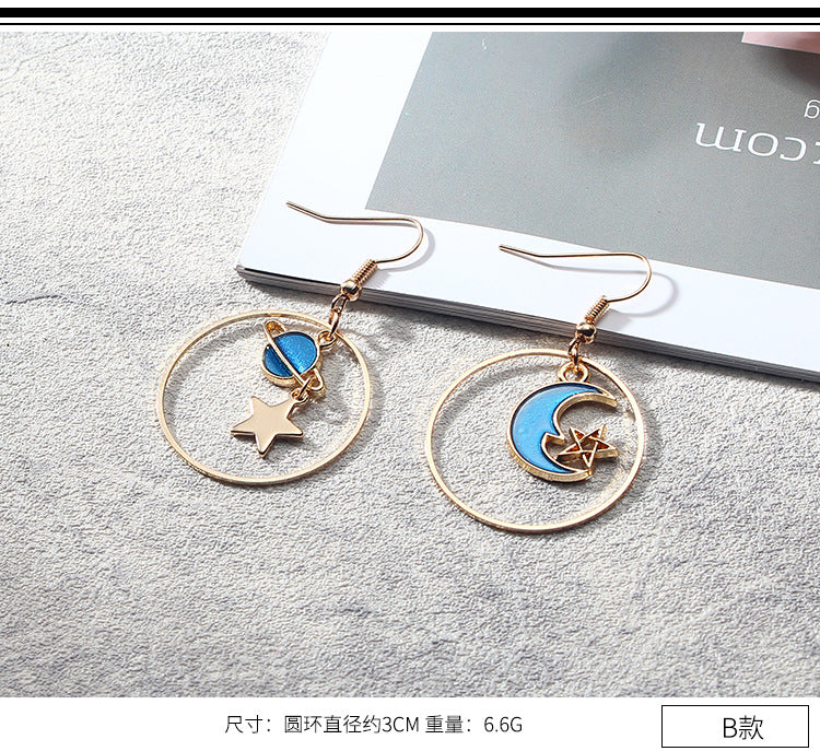 Blue Pink Star Moon Stud Earrings