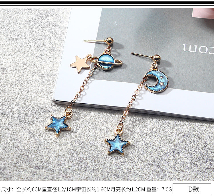 Blue Pink Star Moon Stud Earrings