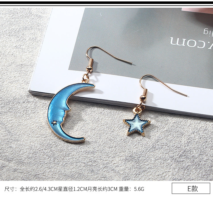 Blue Pink Star Moon Stud Earrings