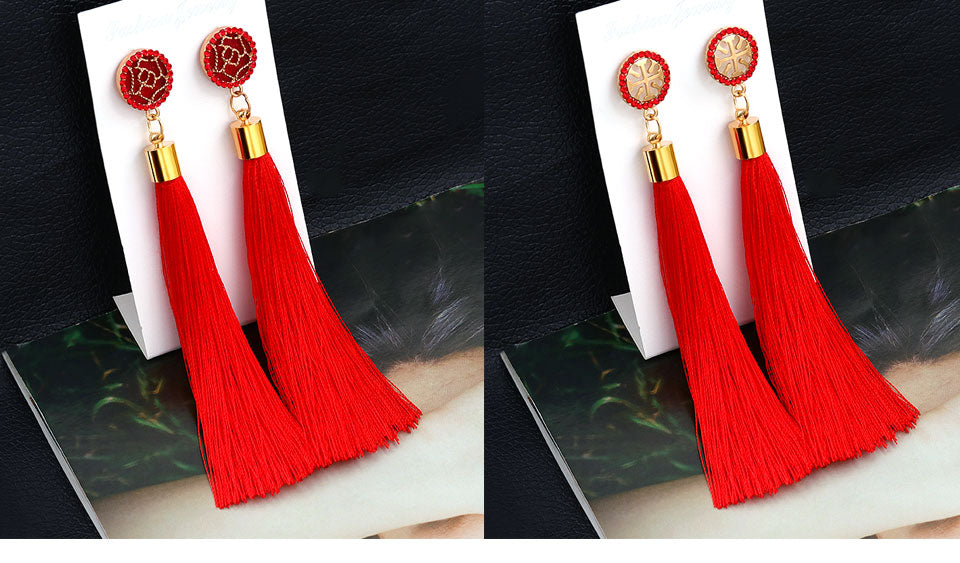 Bohemian Tassel Fringe Crystal Long Drop Earrings