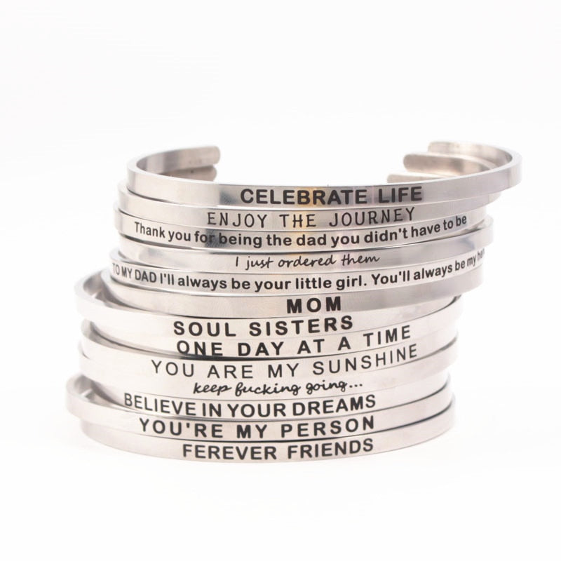 Inspirational Quote Carved Stainless Steel Bangle
