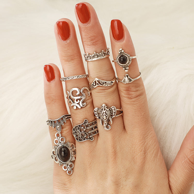 Vintage Antique Silver Punk Black Opal Elephant Ring Set