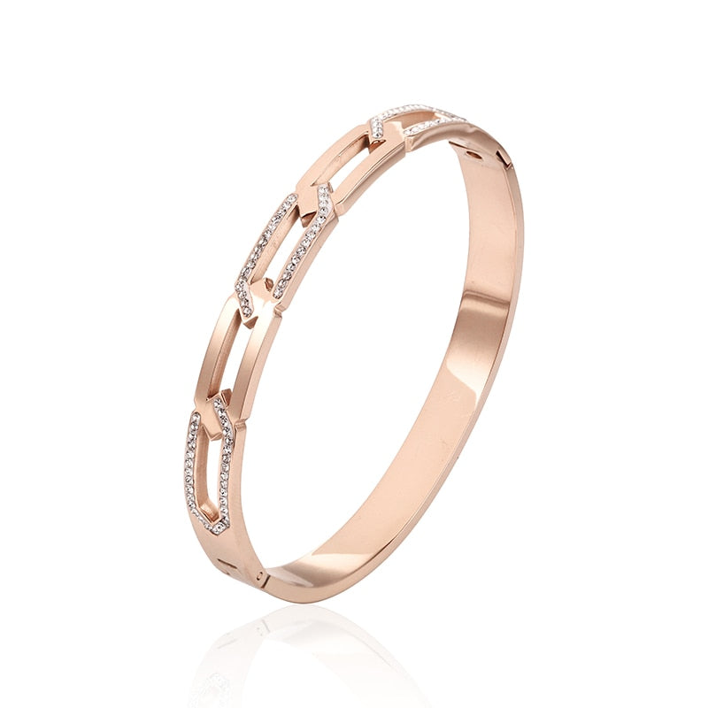 Stainless Steel Rose Gold Crystals Spring Bangle