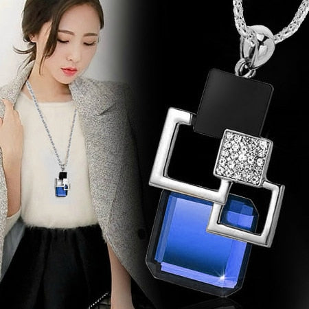 Silver Color Hollow Geometric Big Crystal long Pendant Necklace