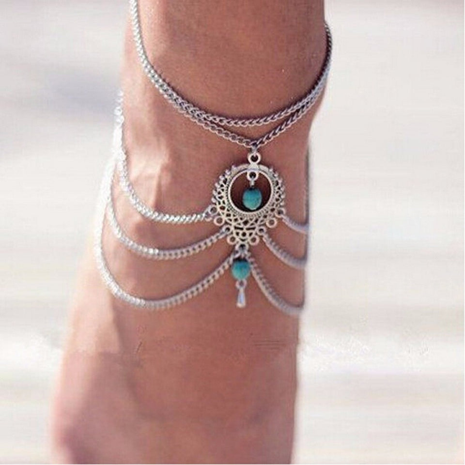 Boho Ethnic Beads Multilayer Tassel Anklet