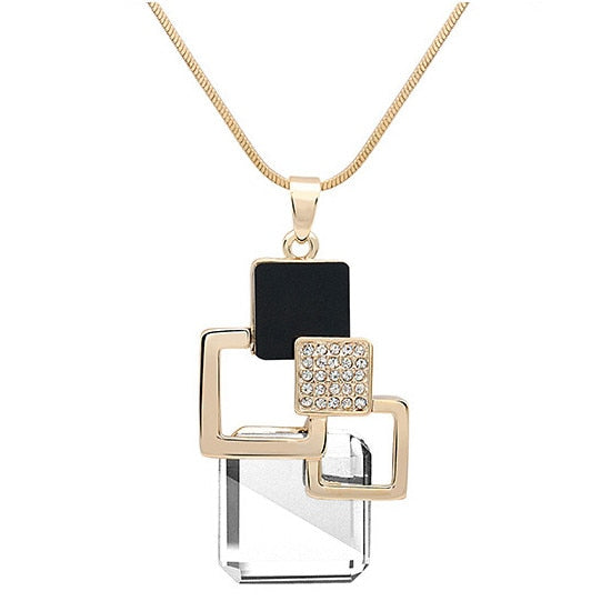 Silver Color Hollow Geometric Big Crystal long Pendant Necklace