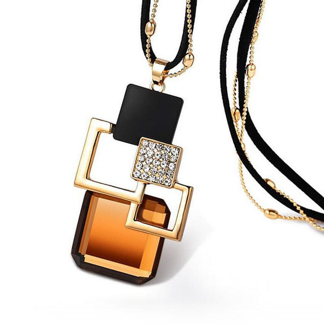 Silver Color Hollow Geometric Big Crystal long Pendant Necklace