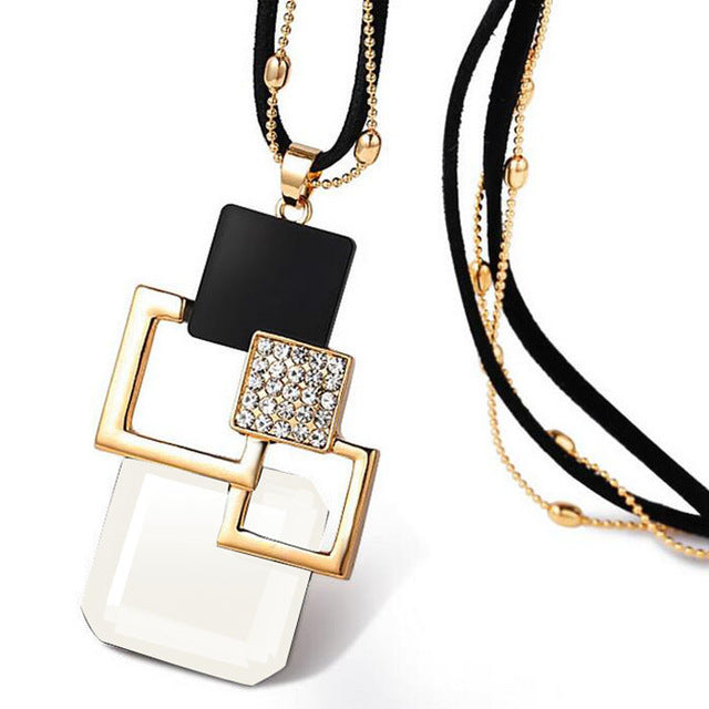 Silver Color Hollow Geometric Big Crystal long Pendant Necklace