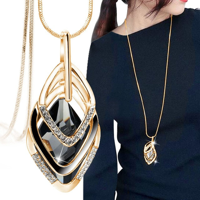 Silver Color Hollow Geometric Big Crystal long Pendant Necklace