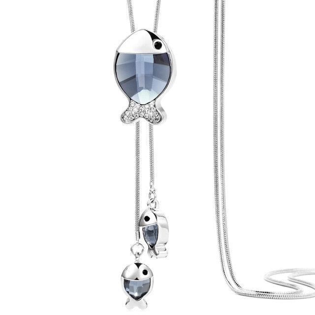 Silver Color Hollow Geometric Big Crystal long Pendant Necklace