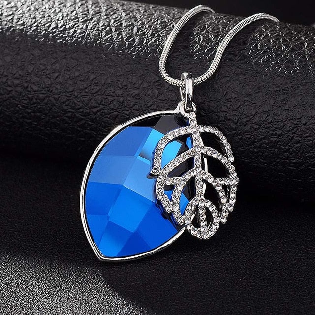 Silver Color Hollow Geometric Big Crystal long Pendant Necklace