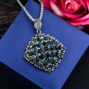 Vintage Full Dark Blue Rhinestone Big Pendant Long Necklace