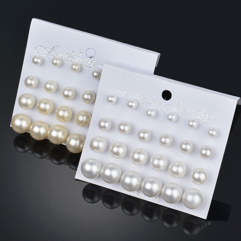 12 pairs White Simulated Pearl Earrings Set