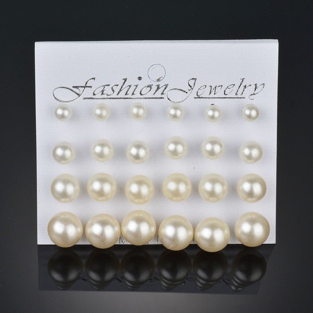 12 pairs White Simulated Pearl Earrings Set