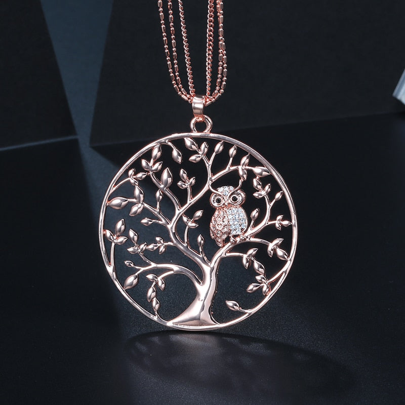 Gold Big Round Pendant Tree of life Owl Necklace