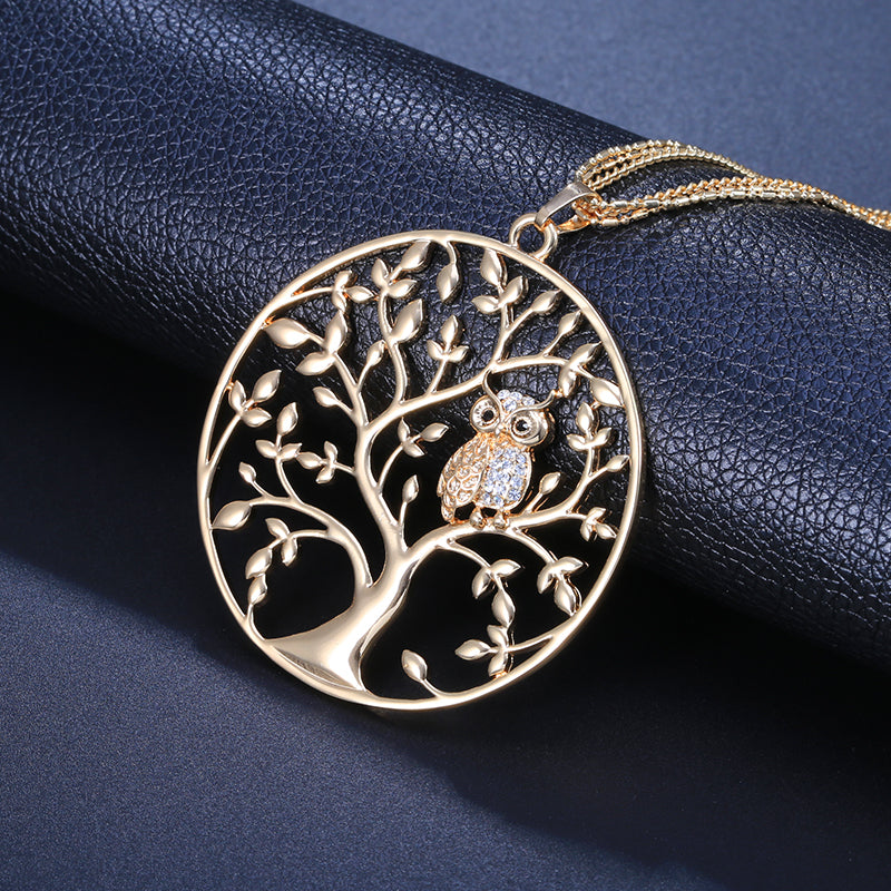 Gold Big Round Pendant Tree of life Owl Necklace