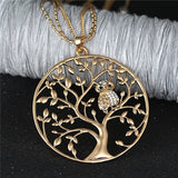 Gold Big Round Pendant Tree of life Owl Necklace
