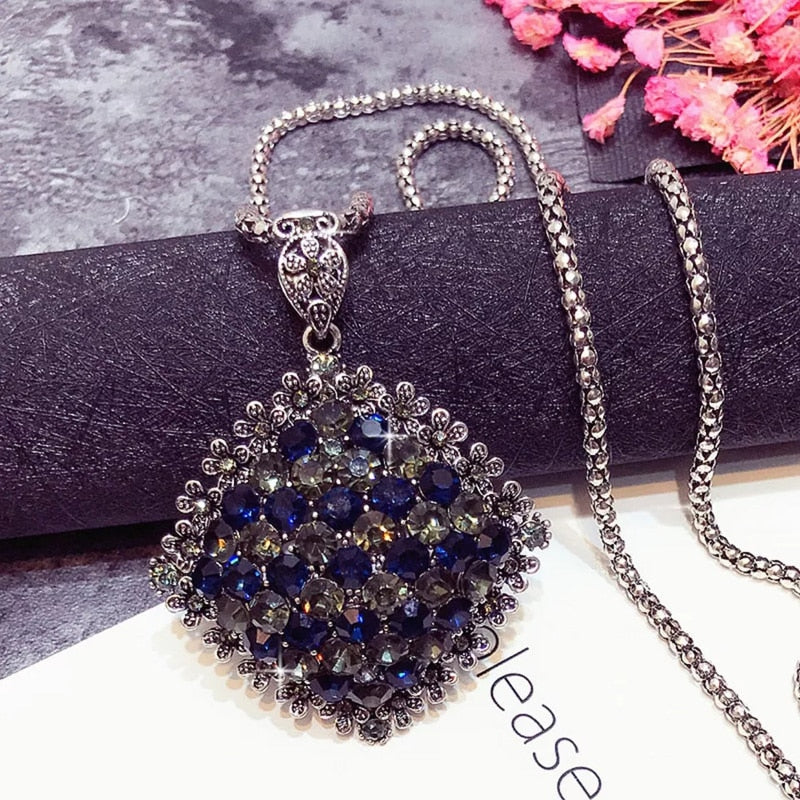 Vintage Full Dark Blue Rhinestone Big Pendant Long Necklace