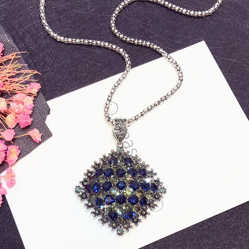 Vintage Full Dark Blue Rhinestone Big Pendant Long Necklace