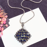 Vintage Full Dark Blue Rhinestone Big Pendant Long Necklace