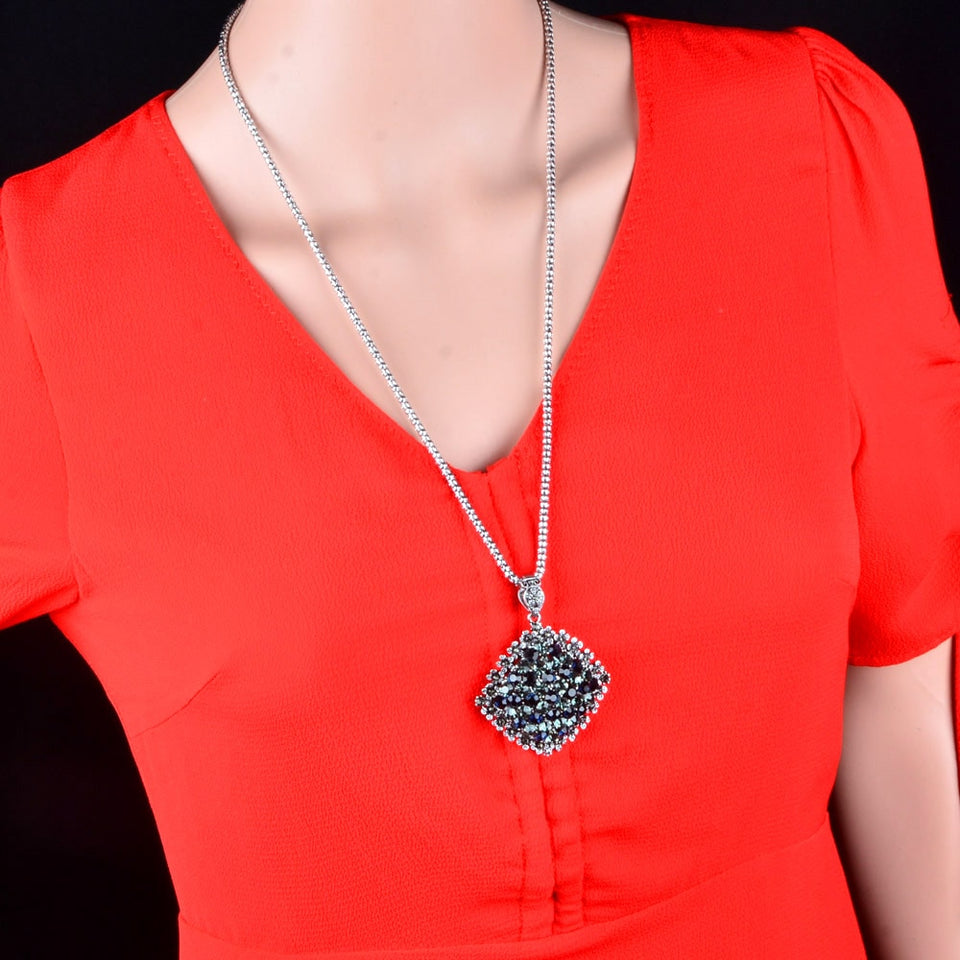 Vintage Full Dark Blue Rhinestone Big Pendant Long Necklace