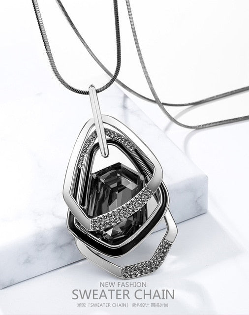Silver Color Hollow Geometric Big Crystal long Pendant Necklace