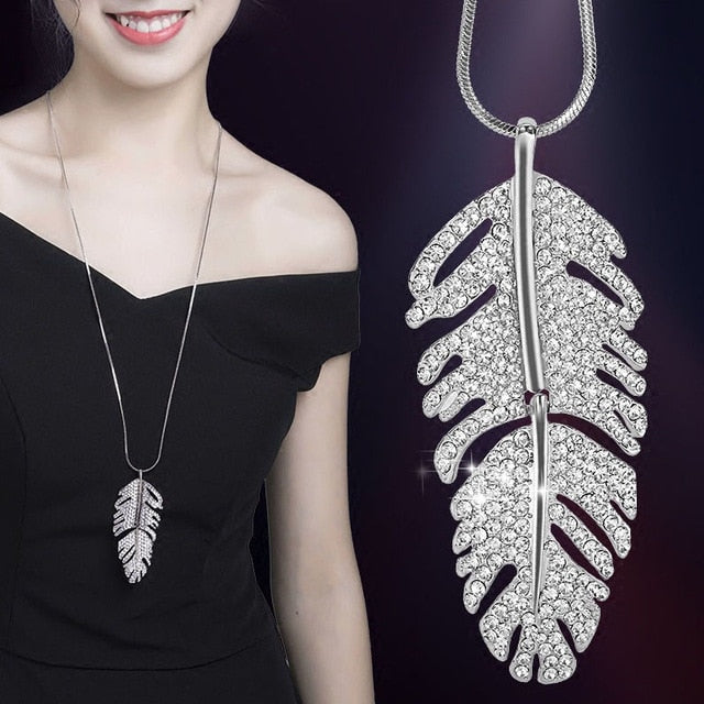 Silver Color Hollow Geometric Big Crystal long Pendant Necklace