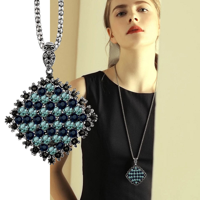 Vintage Full Dark Blue Rhinestone Big Pendant Long Necklace