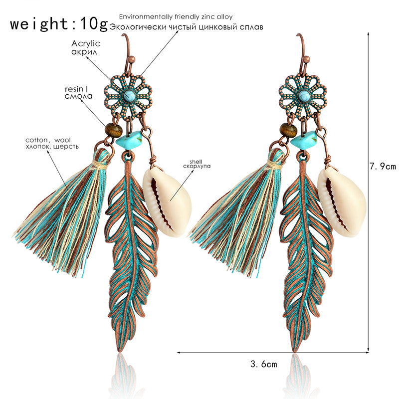 New  Bohemian Blue Tassel Flower Feather Shell Earrings
