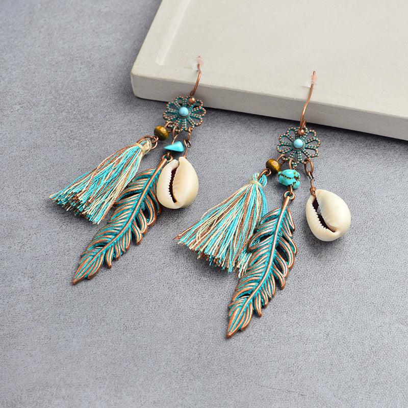 New  Bohemian Blue Tassel Flower Feather Shell Earrings