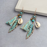 New  Bohemian Blue Tassel Flower Feather Shell Earrings