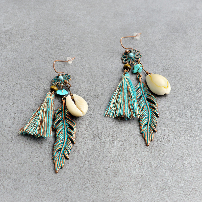New  Bohemian Blue Tassel Flower Feather Shell Earrings