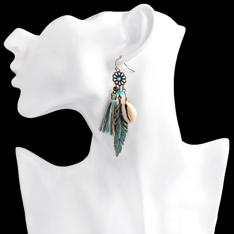 New  Bohemian Blue Tassel Flower Feather Shell Earrings