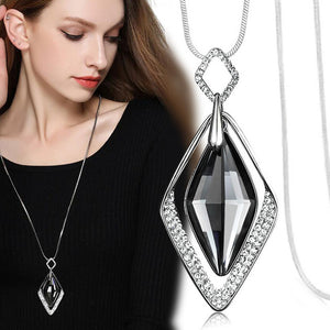 Silver Color Hollow Geometric Big Crystal long Pendant Necklace