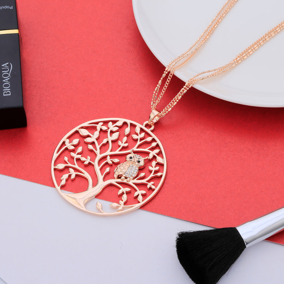 Gold Big Round Pendant Tree of life Owl Necklace