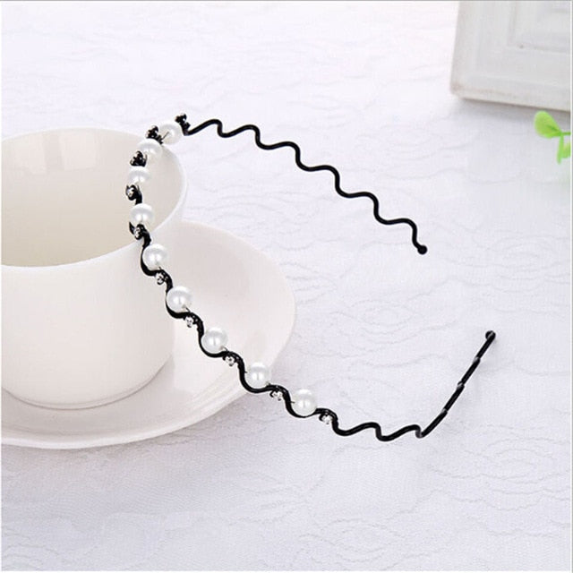 Women Girls Pearl Crystal Wave Hair Bands