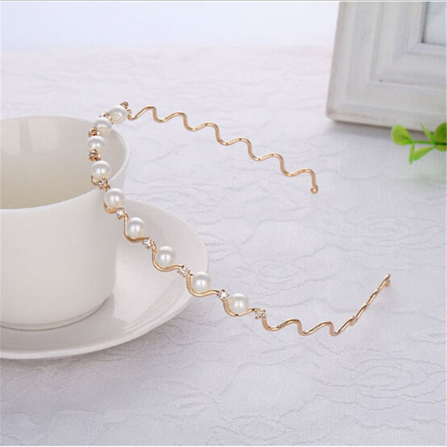 Women Girls Pearl Crystal Wave Hair Bands