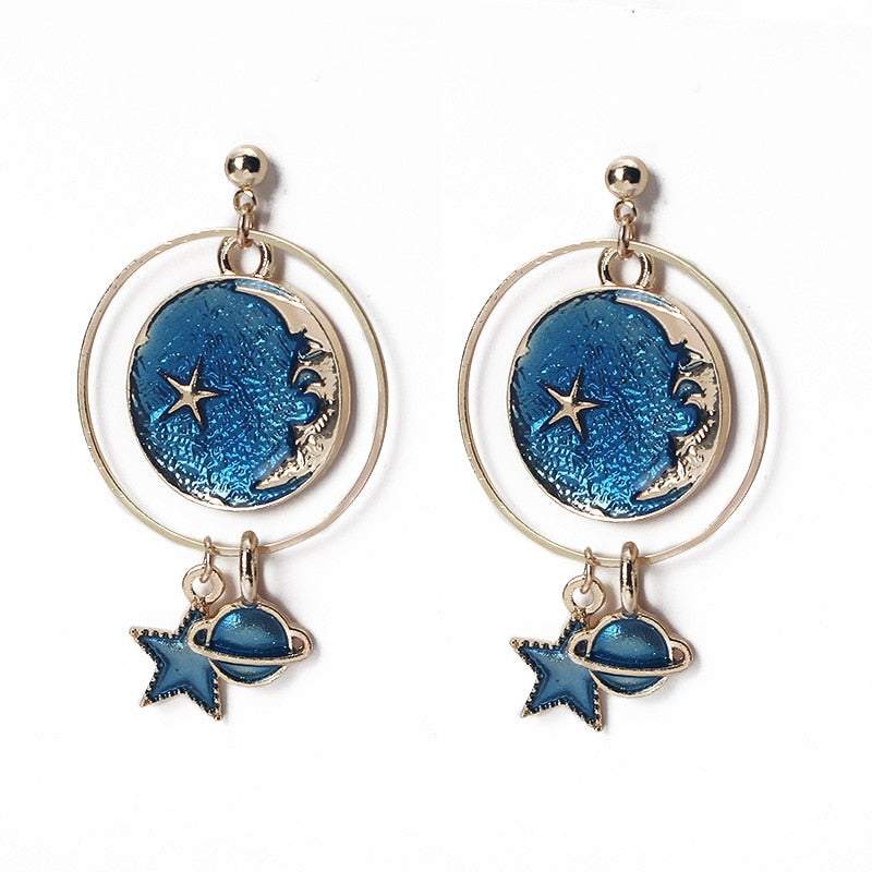 Blue Pink Star Moon Stud Earrings