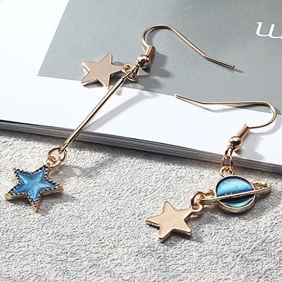 Blue Pink Star Moon Stud Earrings