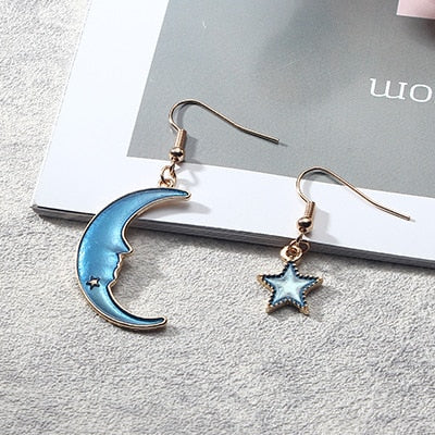 Blue Pink Star Moon Stud Earrings