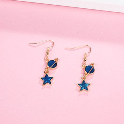 Blue Pink Star Moon Stud Earrings