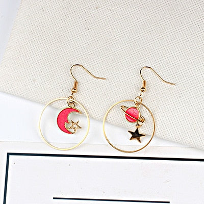Blue Pink Star Moon Stud Earrings
